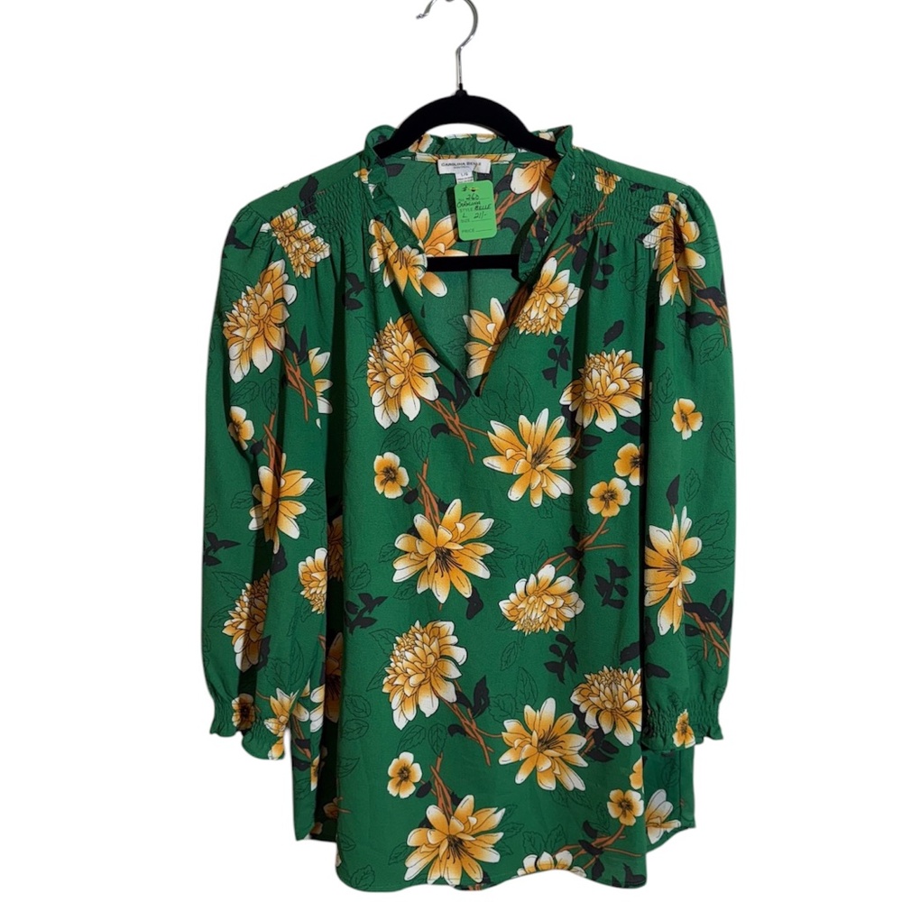 Carolina Belle Blouse- big happy Floral print! Green & yellow.